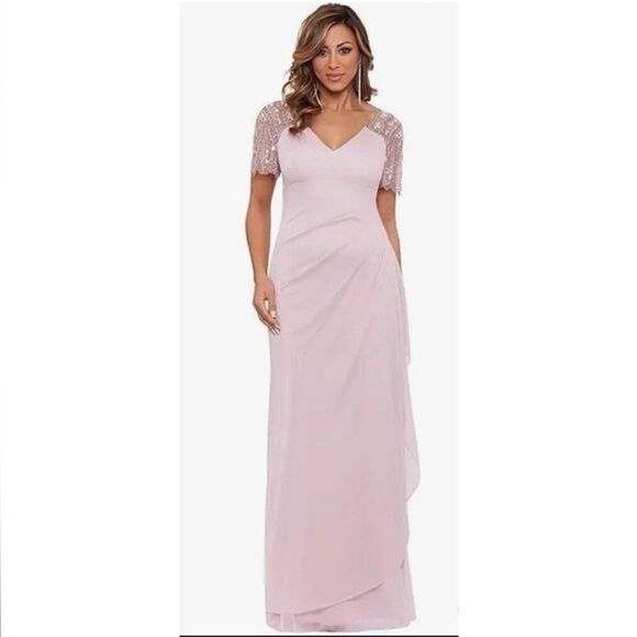 NWT XSCAPE | V Neck Beaded Embellished Flutter Sleeve Mauve Rose Pink Dress 10 - Picture 1 of 14